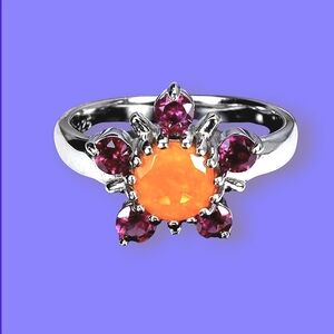 925 Sterling Silver Ring Sz 6.75 with Natural Orange Opal & Rhodolite Garnet Gem